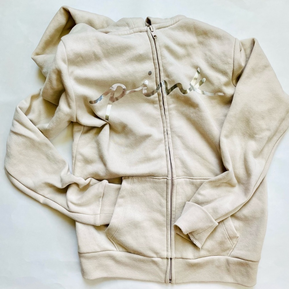 Victoria’s Secret PINK NWT Everyday Lounge Full Zip Vanilla Bean Silver Foil XS - Picture 3 of 9